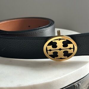 Tory Burch Black Leather Belt with Gold Logo Buckle